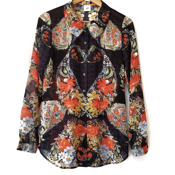 CAbi Tops - CAbi 3072 Floral Print Semi Sheer Button Up Shirt